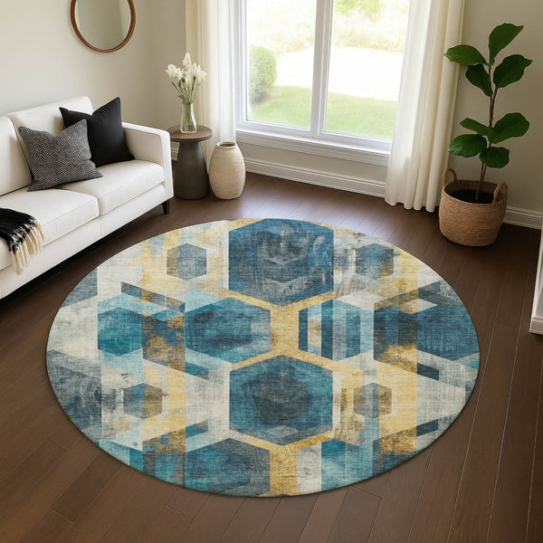 HomeRoots 8' Teal Gold Silver Geometric Round Rug - Washable, UV Protected, Durable for Modern Homes 699121