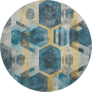 HomeRoots 8' Teal Gold Silver Geometric Round Rug - Washable, UV Protected, Durable for Modern Homes 699121