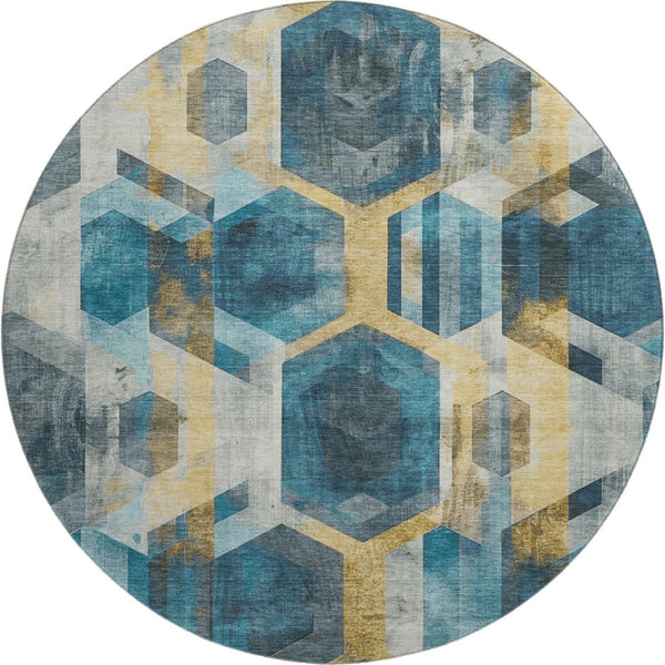HomeRoots 8' Teal Gold Silver Geometric Round Rug - Washable, UV Protected, Durable for Modern Homes 699121
