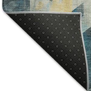 HomeRoots 8' Teal Gold Silver Geometric Round Rug - Washable, UV Protected, Durable for Modern Homes 699121