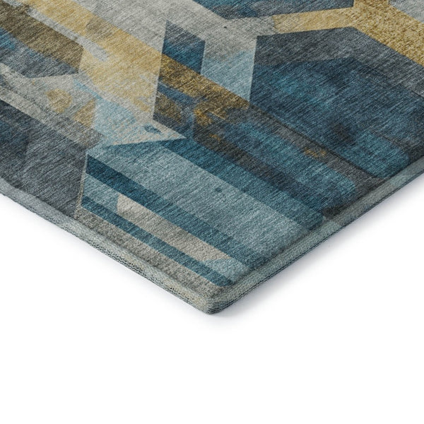 HomeRoots 8' Teal Gold Silver Geometric Round Rug - Washable, UV Protected, Durable for Modern Homes 699121