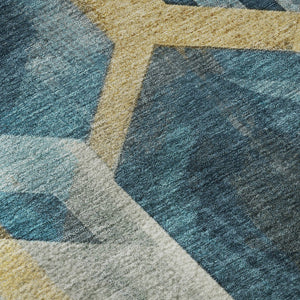 HomeRoots 8' Teal Gold Silver Geometric Round Rug - Washable, UV Protected, Durable for Modern Homes 699121