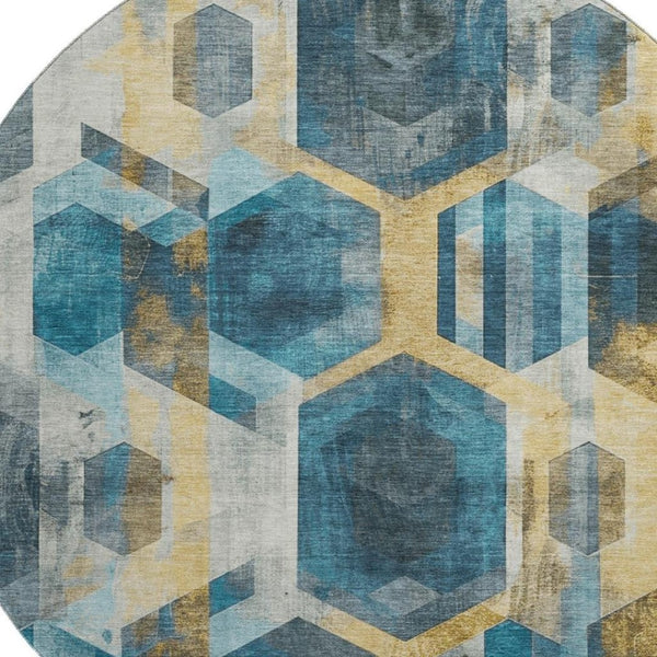 HomeRoots 8' Teal Gold Silver Geometric Round Rug - Washable, UV Protected, Durable for Modern Homes 699121