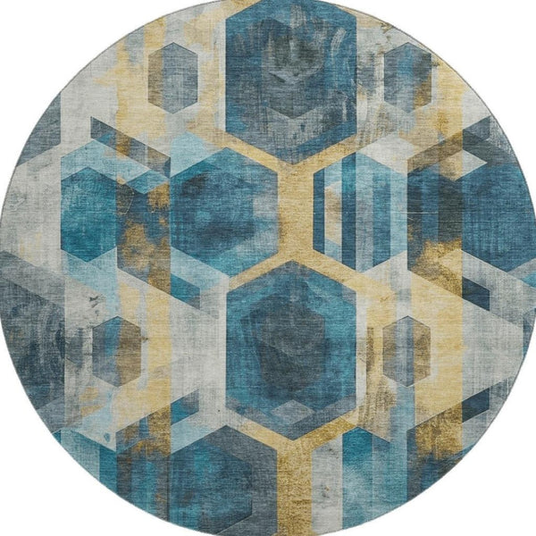 HomeRoots 8' Teal Gold Silver Geometric Round Rug - Washable, UV Protected, Durable for Modern Homes 699121