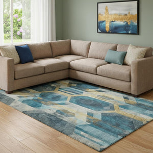 HomeRoots 8' X 10' Teal Gold Silver Geometric Area Rug – Washable, UV-Protected, Stylish & Durable for Homes 699122