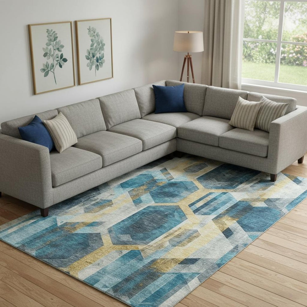 HomeRoots 9' X 12' Teal, Gold & Silver Geometric Area Rug - Washable, UV-Protected, Durable for Busy Homes 699123
