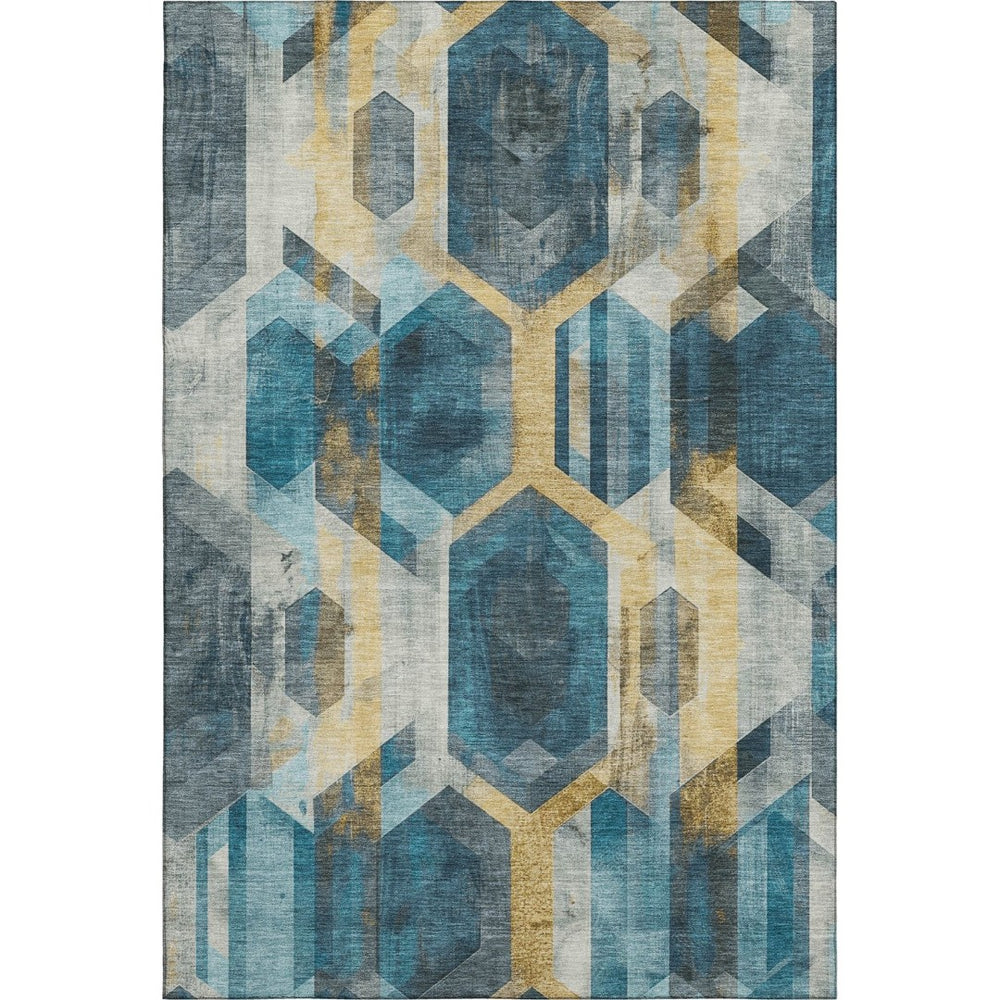 HomeRoots 9' X 12' Teal, Gold & Silver Geometric Area Rug - Washable, UV-Protected, Durable for Busy Homes 699123