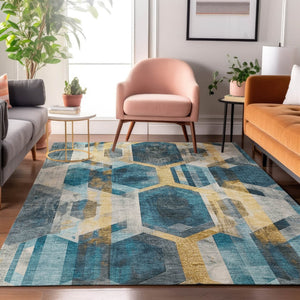 HomeRoots 9' X 12' Teal, Gold & Silver Geometric Area Rug - Washable, UV-Protected, Durable for Busy Homes 699123