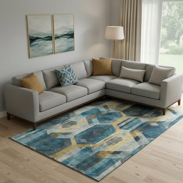 HomeRoots 10' X 14' Teal Gold Silver Geometric Area Rug - Stylish, Washable, UV Protected & Family-Friendly! 699124