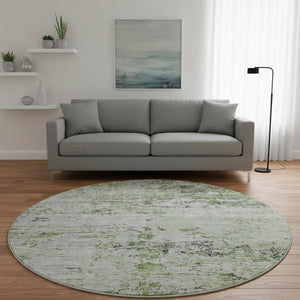 HomeRoots 8' Artichoke Green & Ivory Abstract Washable Round Rug - Durable, UV-Protected, Non-Slip Design! 699127