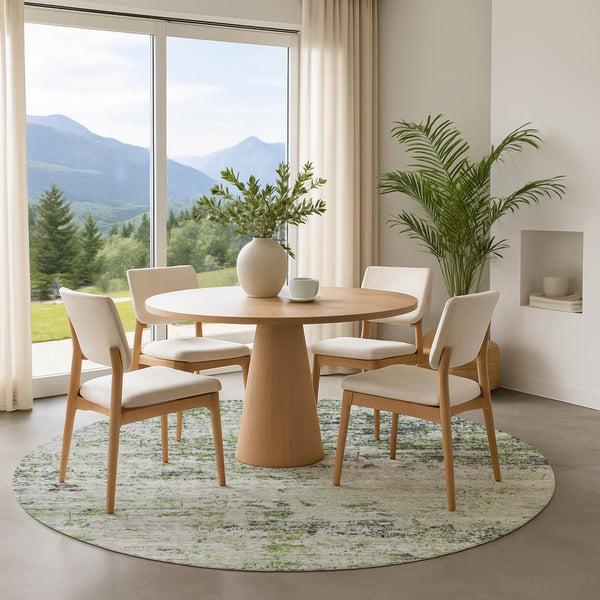 HomeRoots 8' Artichoke Green & Ivory Abstract Washable Round Rug - Durable, UV-Protected, Non-Slip Design! 699127