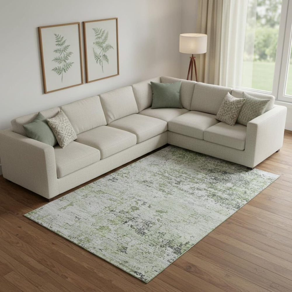 HomeRoots 10' X 14' Artichoke Green & Ivory Abstract Area Rug - Washable, UV Protected, Stain-Resistant Design 699130