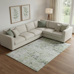 HomeRoots 10' X 14' Artichoke Green & Ivory Abstract Area Rug - Washable, UV Protected, Stain-Resistant Design 699130