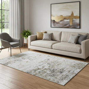 HomeRoots 5' X 8' Beige and Ivory Abstract Area Rug - Washable, Stain-Resistant, UV Protected for Busy Homes 699132