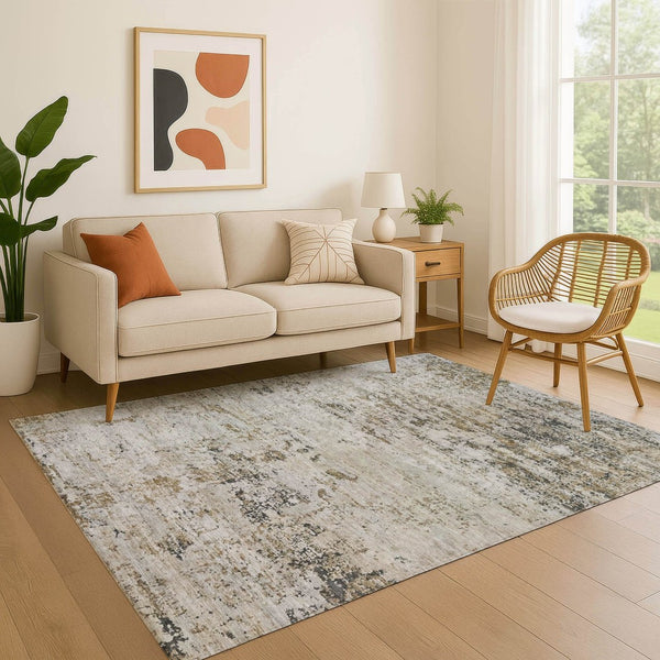 HomeRoots 5' X 8' Beige and Ivory Abstract Area Rug - Washable, Stain-Resistant, UV Protected for Busy Homes 699132