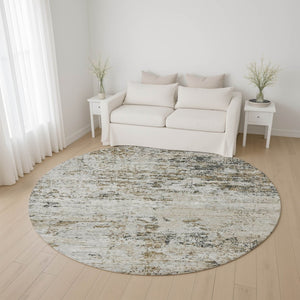 HomeRoots 8' Beige and Ivory Abstract Round Rug - Washable, UV Protected, Stain Resistant for Family Spaces 699133