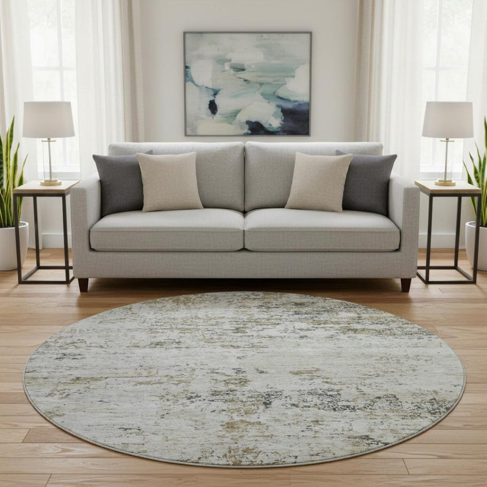 HomeRoots 8' Beige and Ivory Abstract Round Rug - Washable, UV Protected, Stain Resistant for Family Spaces 699133