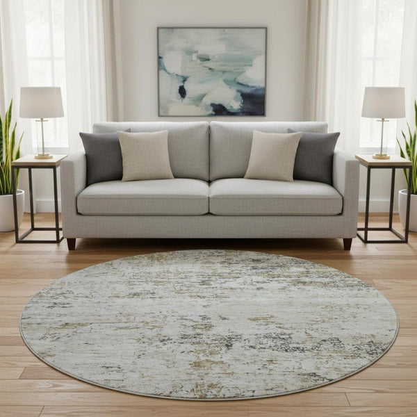 HomeRoots 8' Beige and Ivory Abstract Round Rug - Washable, UV Protected, Stain Resistant for Family Spaces 699133