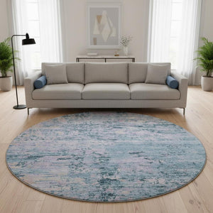 HomeRoots 8' Blue and Lavender Abstract Round Rug - Washable, UV-Protected, Stain-Resistant, Modern Design 699139