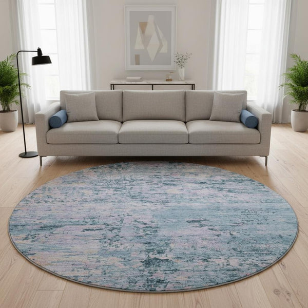 HomeRoots 8' Blue and Lavender Abstract Round Rug - Washable, UV-Protected, Stain-Resistant, Modern Design 699139