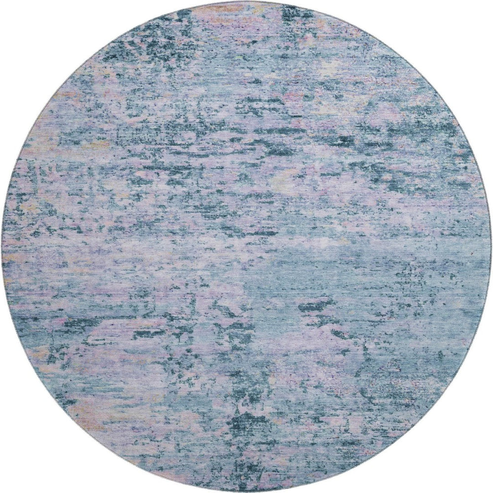 HomeRoots 8' Blue and Lavender Abstract Round Rug - Washable, UV-Protected, Stain-Resistant, Modern Design 699139