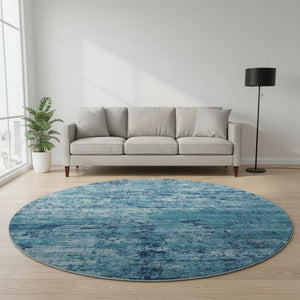 HomeRoots 8' Denim Blue & Ivory Abstract Washable Round Rug - Durable, UV-Protected, Kid & Pet Friendly Design 699145