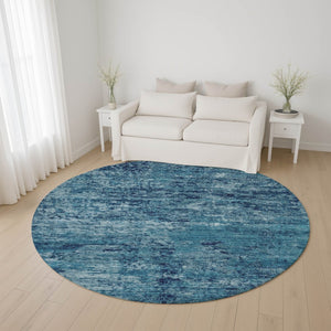 HomeRoots 8' Denim Blue & Ivory Abstract Washable Round Rug - Durable, UV-Protected, Kid & Pet Friendly Design 699145
