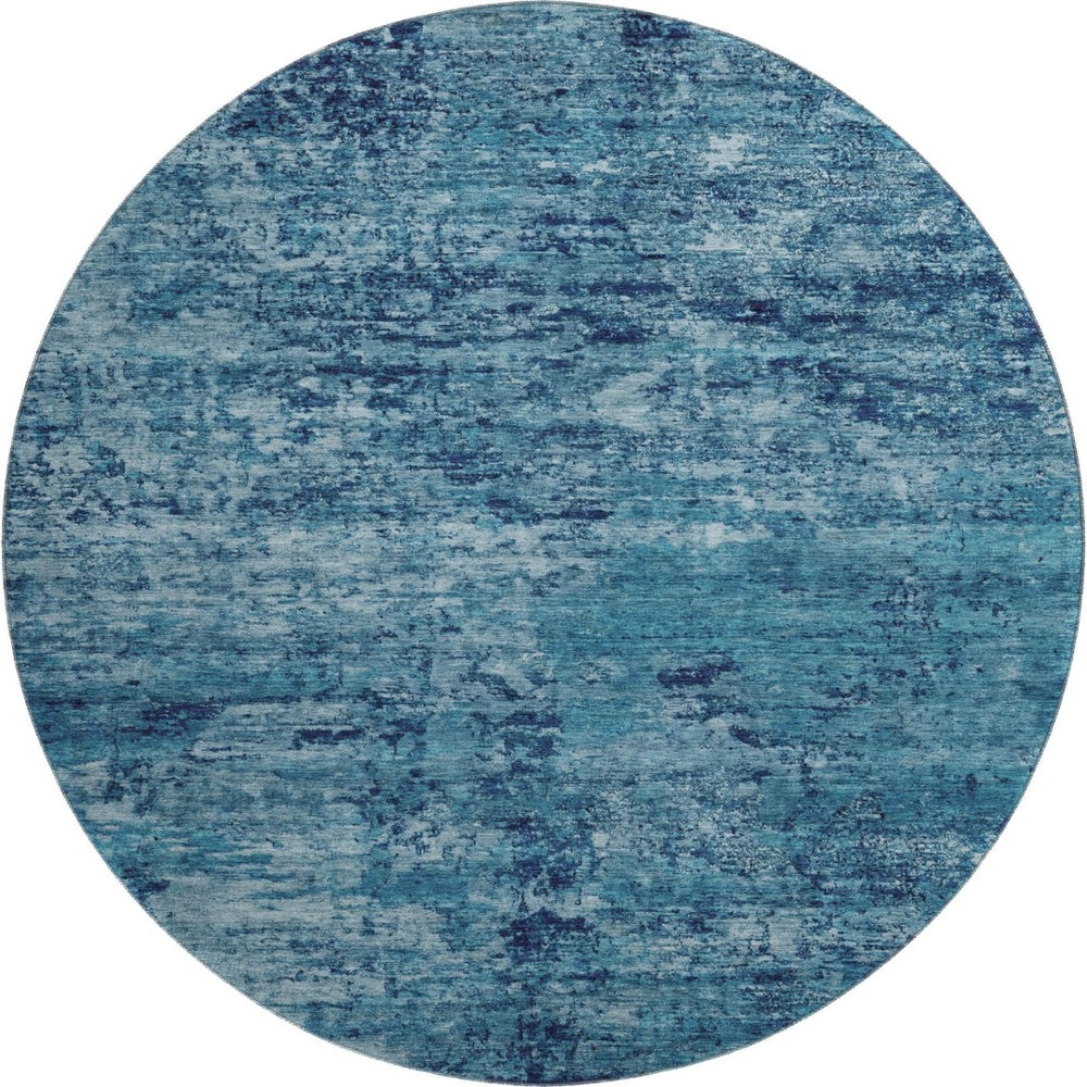 HomeRoots 8' Denim Blue & Ivory Abstract Washable Round Rug - Durable, UV-Protected, Kid & Pet Friendly Design 699145