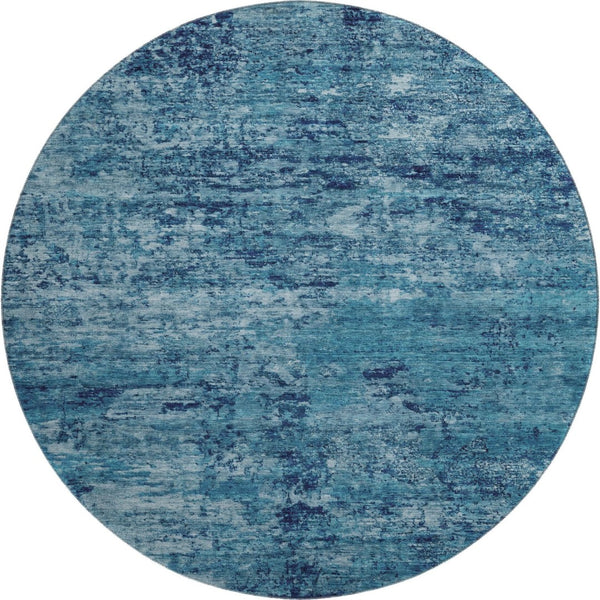 HomeRoots 8' Denim Blue & Ivory Abstract Washable Round Rug - Durable, UV-Protected, Kid & Pet Friendly Design 699145