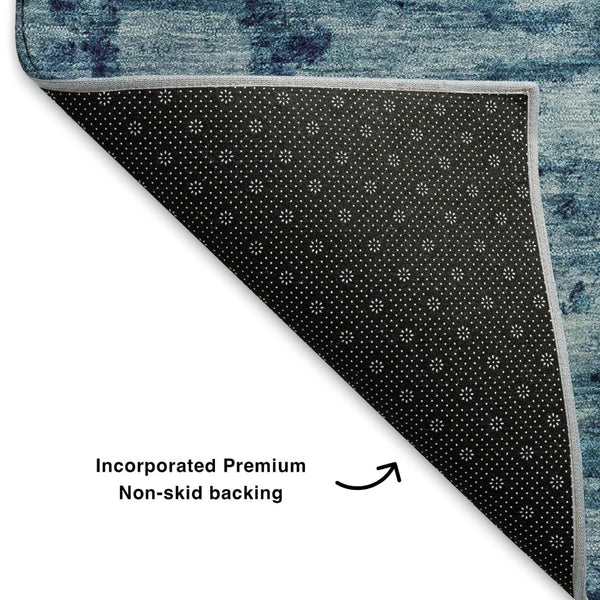 HomeRoots 8' Denim Blue & Ivory Abstract Washable Round Rug - Durable, UV-Protected, Kid & Pet Friendly Design 699145