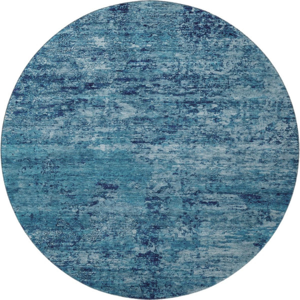 HomeRoots 8' Denim Blue & Ivory Abstract Washable Round Rug - Durable, UV-Protected, Kid & Pet Friendly Design 699145