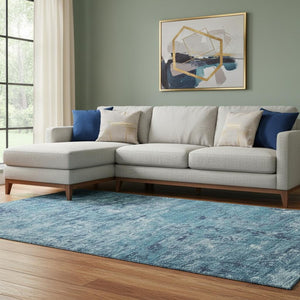 HomeRoots 8' X 10' Denim Blue & Ivory Abstract Washable Area Rug - Durable, UV Protected, Easy Care Design! 699146