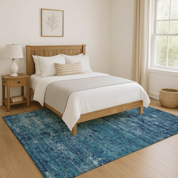 HomeRoots 8' X 10' Denim Blue & Ivory Abstract Washable Area Rug - Durable, UV Protected, Easy Care Design! 699146