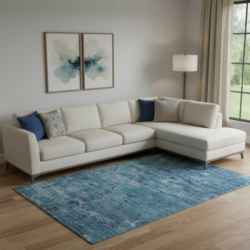 HomeRoots 9' X 12' Denim Blue & Ivory Abstract Washable Area Rug - Stylish, Durable, UV Protected & Easy Care 699147