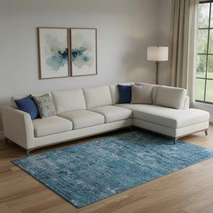 HomeRoots 9' X 12' Denim Blue & Ivory Abstract Washable Area Rug - Stylish, Durable, UV Protected & Easy Care 699147