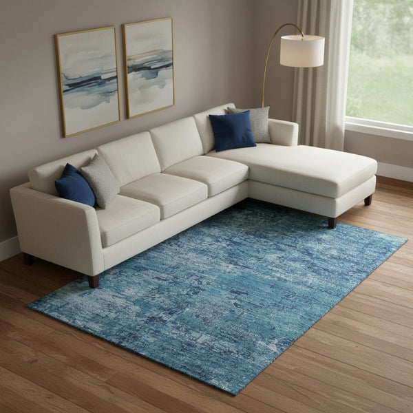 HomeRoots 10' Denim Blue & Ivory Abstract Washable Area Rug – UV Protected, Non-Slip, Durable for Families! 699148