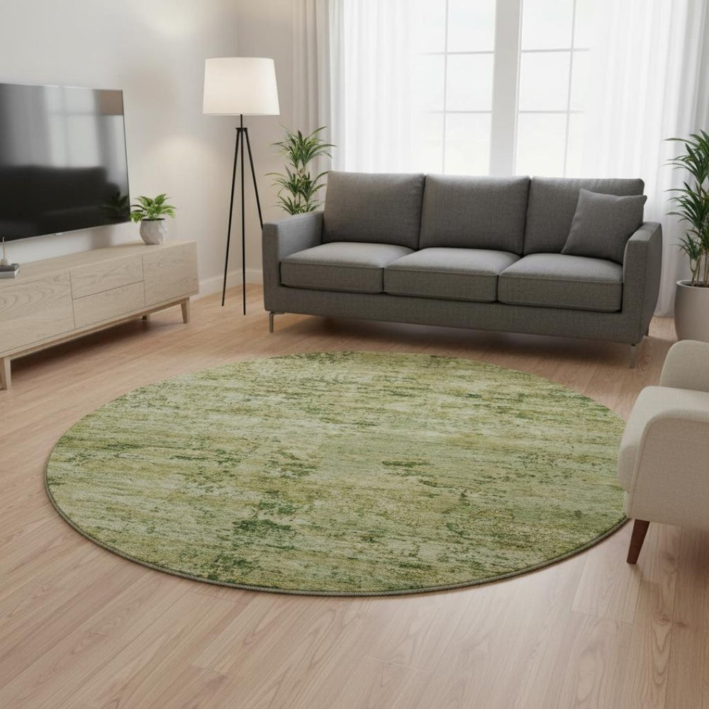 HomeRoots 8' Fern Green and Gold Abstract Round Rug – Washable, UV-Protected, Stain-Resistant Design for Any Space 699151