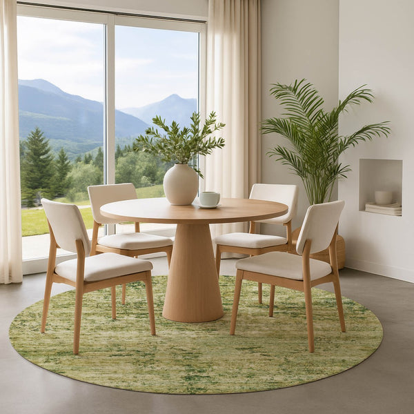 HomeRoots 8' Fern Green and Gold Abstract Round Rug – Washable, UV-Protected, Stain-Resistant Design for Any Space 699151
