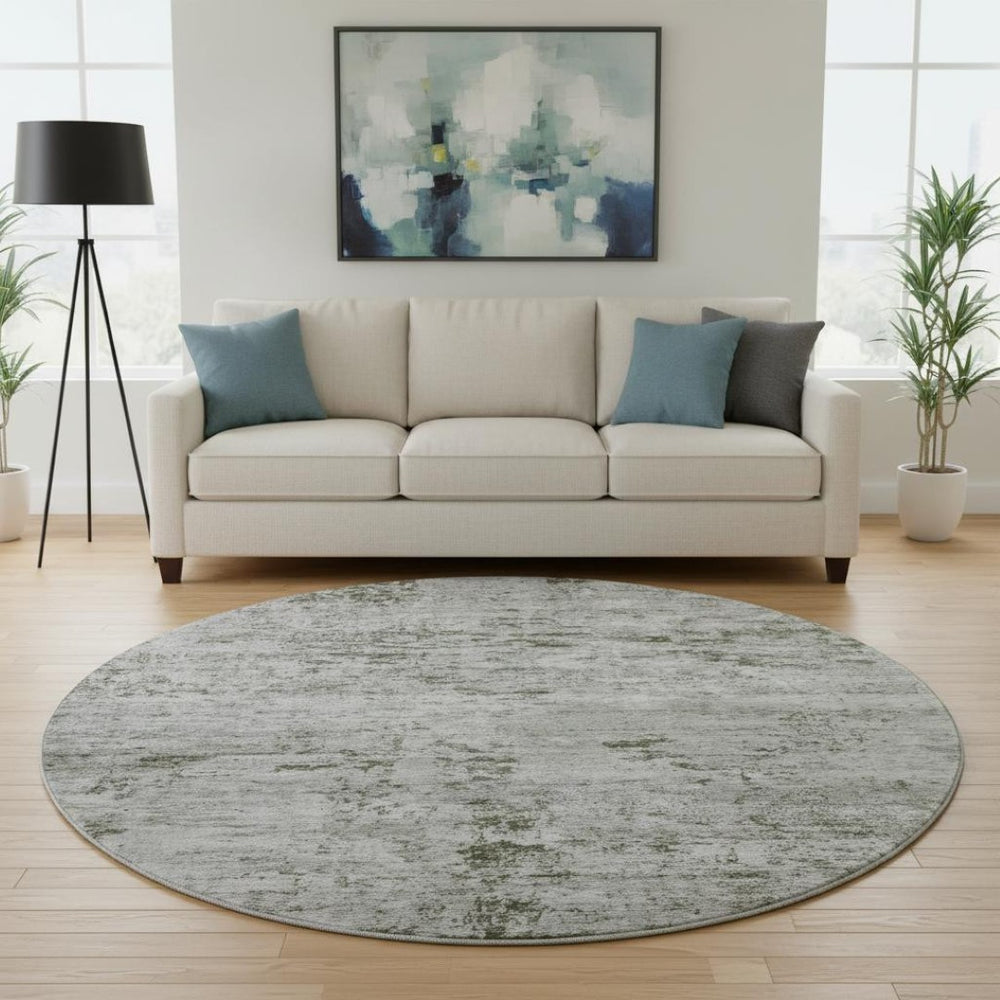 HomeRoots 8' Contemporary Pewter and Ivory Abstract Round Rug – Washable, UV Protected, Durable Design! 699163