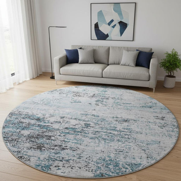 HomeRoots 8' Sky Blue, Ivory & Gray Abstract Washable Round Rug - Durable, UV Protected & Stain Resistant Design 699169