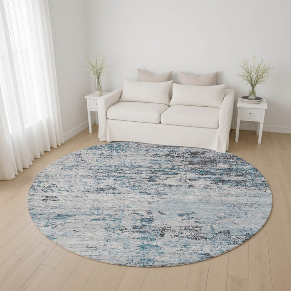 HomeRoots 8' Sky Blue, Ivory & Gray Abstract Washable Round Rug - Durable, UV Protected & Stain Resistant Design 699169