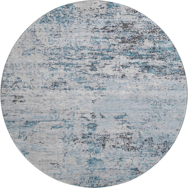 HomeRoots 8' Sky Blue, Ivory & Gray Abstract Washable Round Rug - Durable, UV Protected & Stain Resistant Design 699169