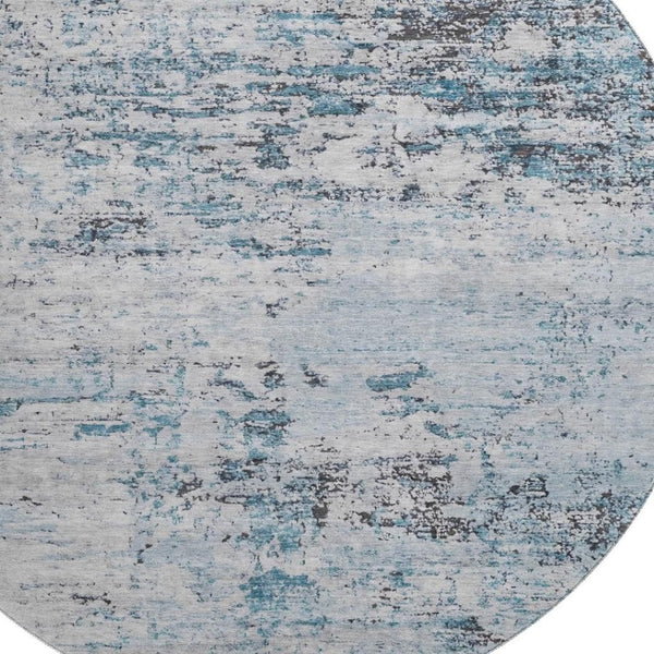 HomeRoots 8' Sky Blue, Ivory & Gray Abstract Washable Round Rug - Durable, UV Protected & Stain Resistant Design 699169
