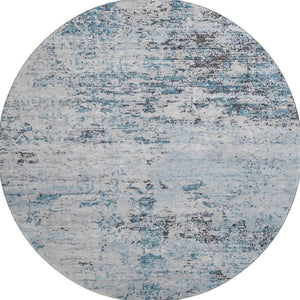 HomeRoots 8' Sky Blue, Ivory & Gray Abstract Washable Round Rug - Durable, UV Protected & Stain Resistant Design 699169
