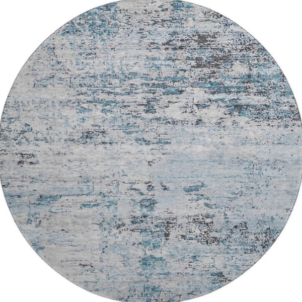 HomeRoots 8' Sky Blue, Ivory & Gray Abstract Washable Round Rug - Durable, UV Protected & Stain Resistant Design 699169