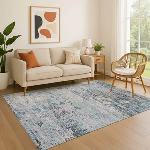 HomeRoots 8' X 10' Sky Blue Ivory Gray Abstract Washable Area Rug - Soft, Durable, Stain Resistant & UV Protected 699170
