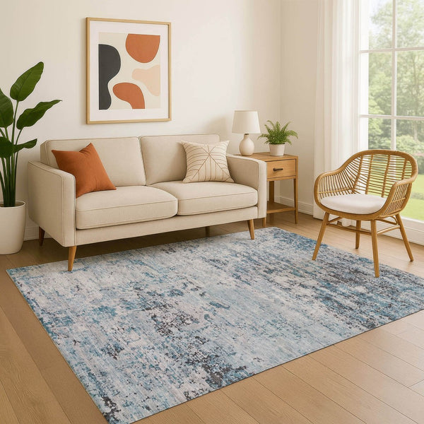 HomeRoots 8' X 10' Sky Blue Ivory Gray Abstract Washable Area Rug - Soft, Durable, Stain Resistant & UV Protected 699170
