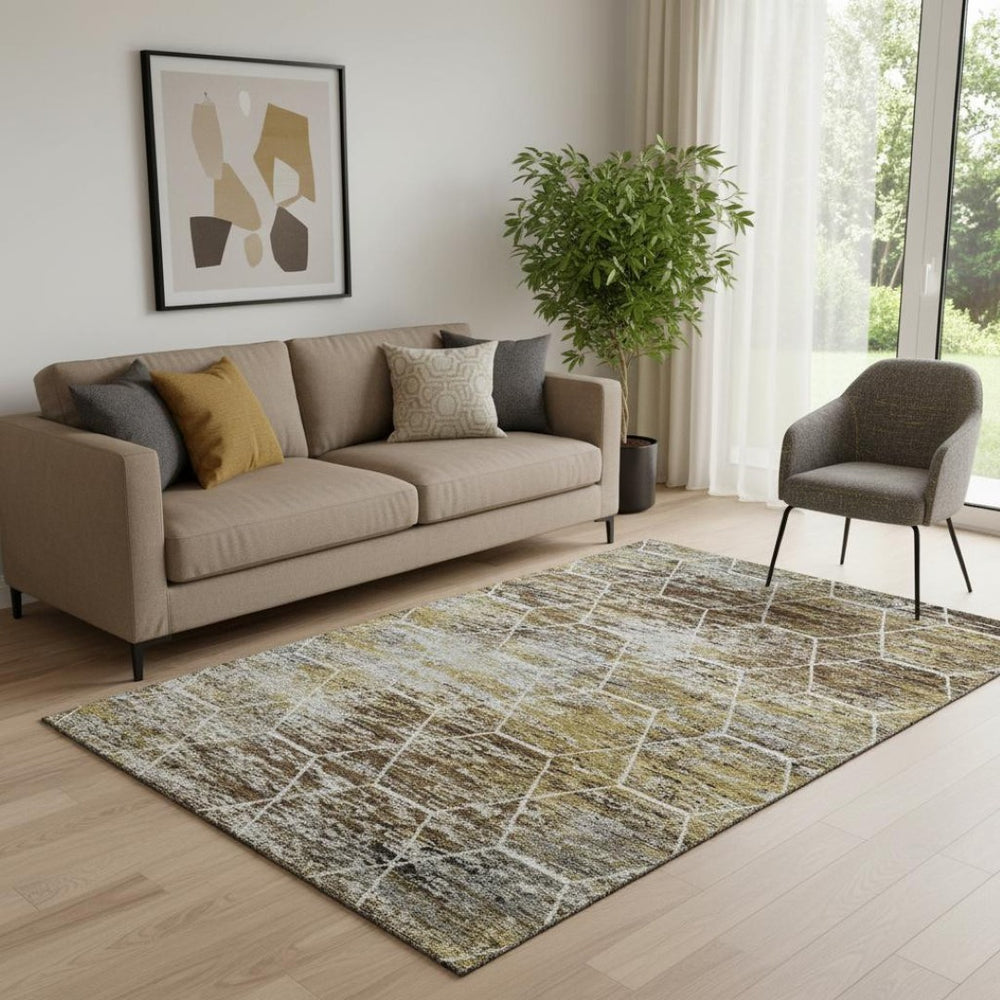 HomeRoots 5' X 8' Modern Geometric Washable Area Rug in Brown, Gold & Ivory - Durable, UV-Protected Design! 699174