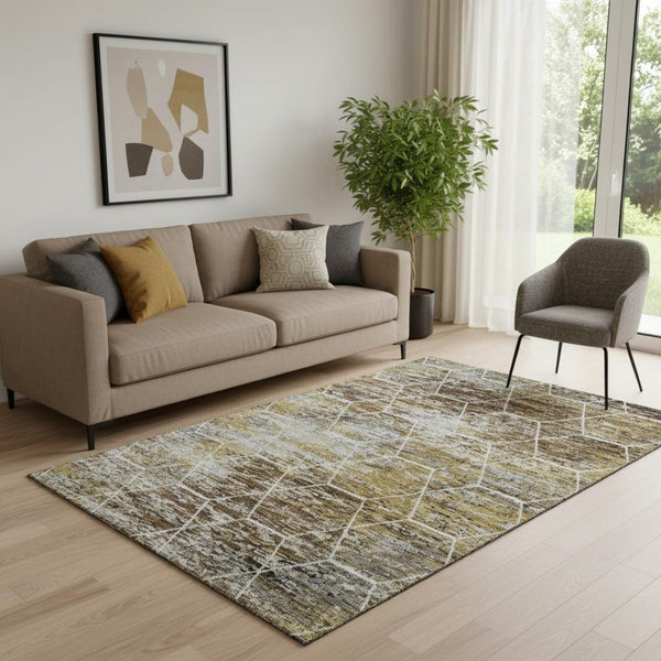 HomeRoots 5' X 8' Modern Geometric Washable Area Rug in Brown, Gold & Ivory - Durable, UV-Protected Design! 699174