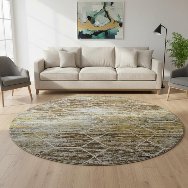 HomeRoots 8' Stylish Brown, Gold & Ivory Geometric Washable Round Rug with UV Protection for High-Traffic Areas 699175
